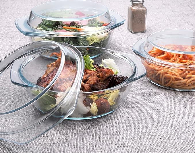 Set of 6 Pieces Round Tempered Glass Casserole Dish with Lids, Glass Casserole Baking Dish Set for Oven, Freezer and Dishwasher Safe - 0.7QT+1QT+1.5QT