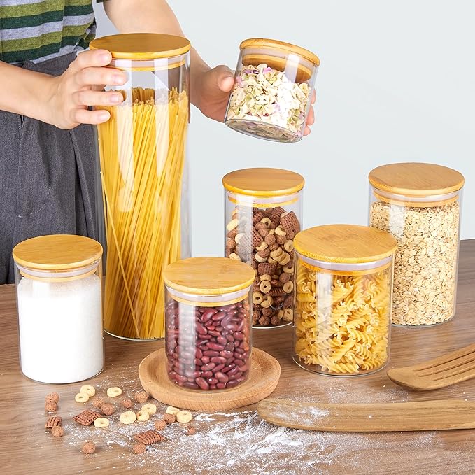 Vtopmart Glass Food Storage Jars, 7 Pack Kitchen Containers with Airtight Bamboo Wooden Lids for Pasta, Cookies, Nuts, Coffee Beans, Cereal, Canisters Set for Flour, Pantry Organization, BPA Free