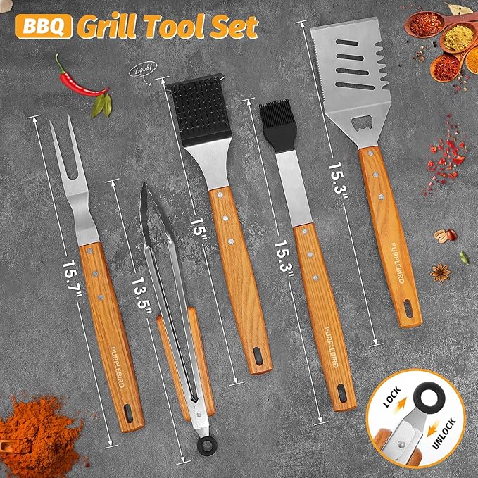 PURPLEBIRD Grill Utensils Set with Brush - 5pcs Grilling Tools Set with Bag Apron, Heavy Duty BBQ Tool Sets with Long Wood Handle, Stainless Grilling Accessories for Outdoor Grill
