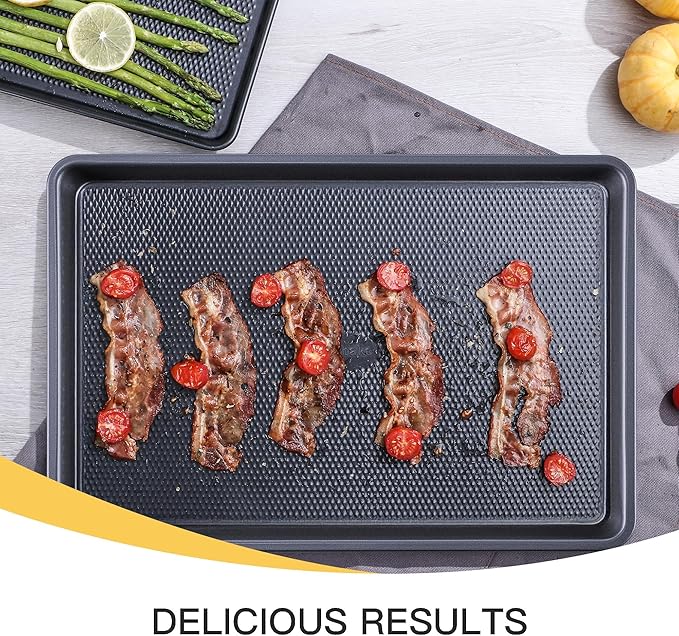 Cookie Sheets for Baking Nonstick - HONGBAKE Baking Sheet Pan Set of 3, Half/Quarter/Jelly Roll Pan for Oven with Diamond Texture Pattern, 57% Thicker Carbon Steel Cookie Trays, Dark Grey