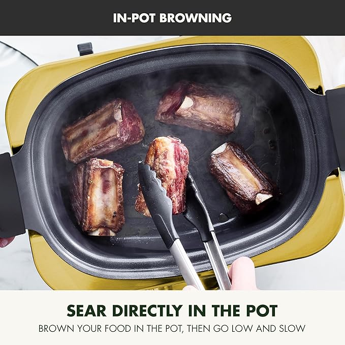 GreenPan Elite 8-in-1 Programmable 6QT Electric Slow Cooker, Dishwasher Safe Lid & Removable Crock, PFAS-Free Healthy Ceramic Nonstick Multi-Cooker, Sear, Sauté, Brown, Steam Basket, Roast, Gold