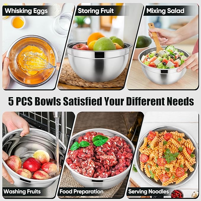 P&P CHEF Mixing Bowls with Airtight Lids Set of 5, 10-Piece Stainless Steel Mixing Nesting Bowl, Metal Bowl with Lid for Kitchen Prepping & Storing, Size 4.6, 3, 1.5, 1, 0.7 QT, Black