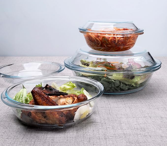 Set of 6 Round Glass Casserole Dishes, Nesting Glass Baking Dish Set with Lid, Oven, Freezer and Dishwasher Safe. - 0.5QT+1QT+1.8QT