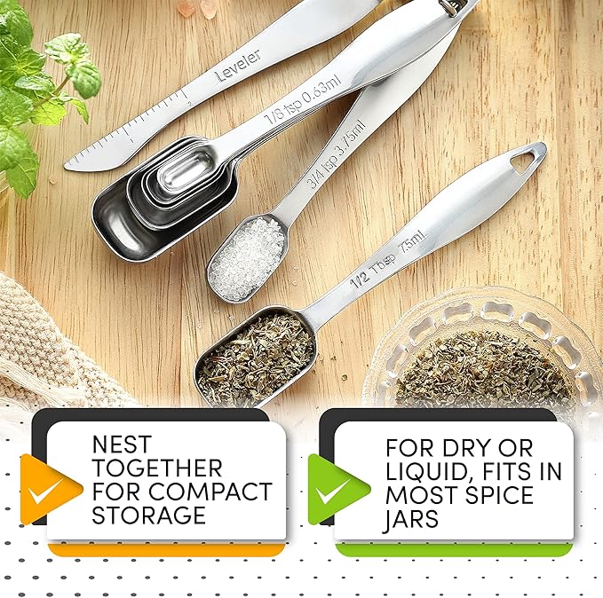 Spring Chef Stainless Steel Measuring Spoons Set of 8 with Leveler, Metal Teaspoon & Tablespoon Measuring Spoons for Dry & Liquid Ingredients, Fits in Spice Jars - Kitchen Gadgets For Baking & Cooking