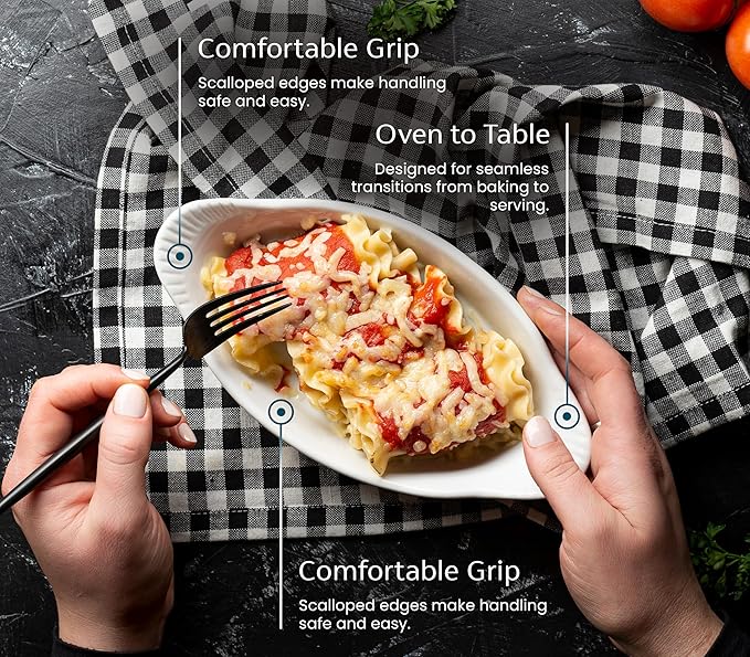 Au Gratin Baking Dishes, Ceramic, by Kook, for Casseroles, Lasagna & Cobblers, Individual Serving, Set of 2, Oven, Microwave & Dishwasher Safe Bakeware, 18 oz, Ivory