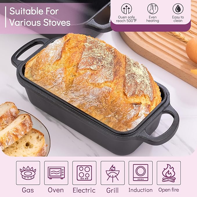 Cast Iron Loaf Pan with Lid 9x5 Inch, 2 in 1 Loaf Pans for Baking Bread, Even Heat Distribution for Sourdough, Homemade Bread