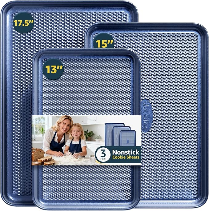 3Pcs Nonstick Baking Sheet, Baking Sheet Pan Set, Jelly Roll Pans, Cookies Sheet for Baking, Cookie Sheet Pan with Diamond Texture, Blue