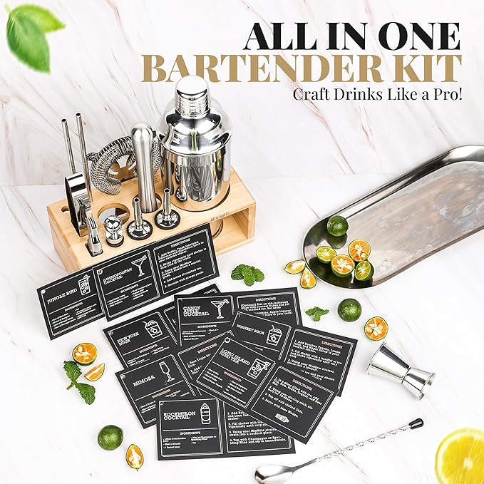 Mixology Bartender Kit with Stand - 15 Piece Bar Tool Set, Silver Bar Set Cocktail Shaker Set for Drink Mixing - Includes Martini Shaker, Jigger, Strainer, Bar Mixer Spoon, Tongs | Gift Idea (Natural)
