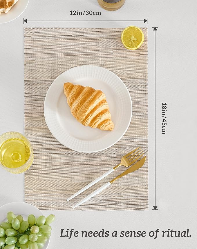Leetaltree Lightsteel Beige with Yellow Placemats Set of 4 - Heat Resistant Non-Slip Place mats for Dining Table, Washable Durable PVC Vinyl Woven Table Mats (Lightsteel Beige, 4)