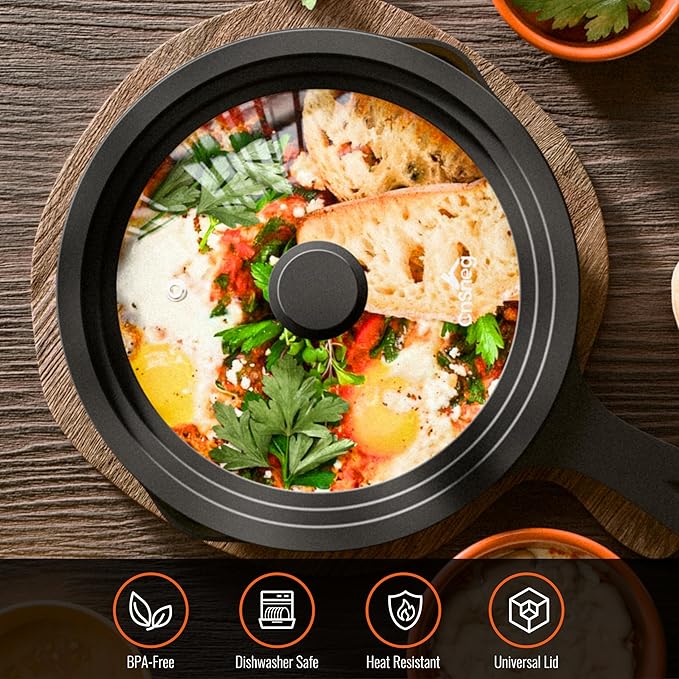 Universal Lids for Pots, Pans and Skillets, 10.5", 11" and 12" Pan Lid, Tempered Glass Pot Lid with Silicone Rim Heat Resistant, Replacement Pan Cover for Frying, Wok, Crock Pot Lid, Black