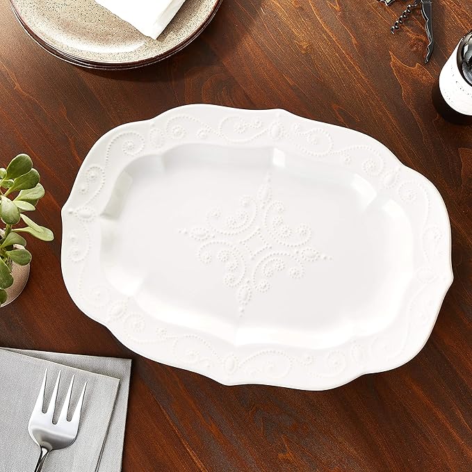 Lenox Serveware, Lenox French Perle White Serving Platter, Oval Shape, 18.5-Inch, Stoneware, Dishwasher Safe, Turkey Platter for Thanksgiving, Winter Hosting, Christmas Serving (White, 1 Piece)