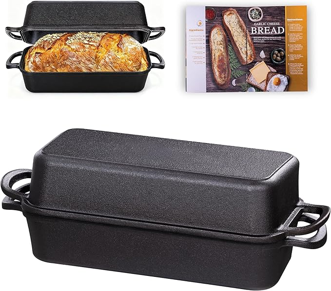 11x5 Inch Cast Iron Loaf Pan with Lid, Large Dutch Oven Bread Loaf Pan for Sourdough, Homemade Bread Baking, Even Heat Distribution, 5.8Qt