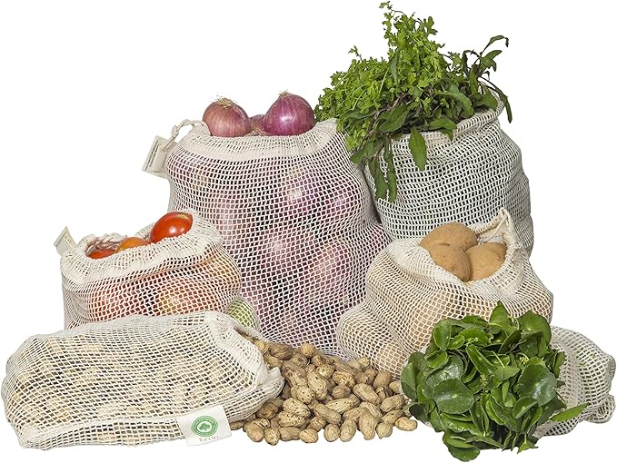 Reusable Cotton Mesh Produce Bags - 100% Organic Cotton, Durable, Double Stitched, Washable with Tare Weight & Drawstring - Mesh Bags for Grocery Shopping, Vegetables & Fruits | Set of 6 (2L, 2M, 2S)