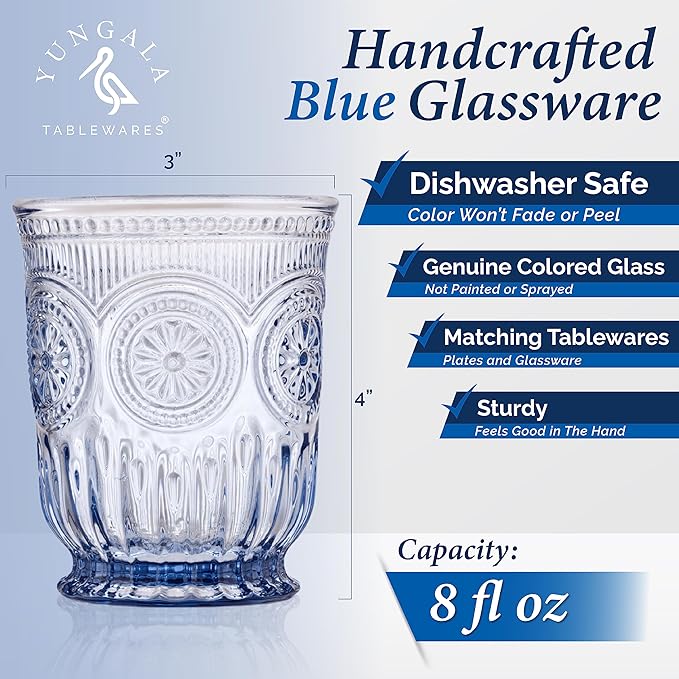 Yungala Blue Glassware set of 6 small dishwasher safe colored glasses, Blue glass cups, matching highball and wine glasses available