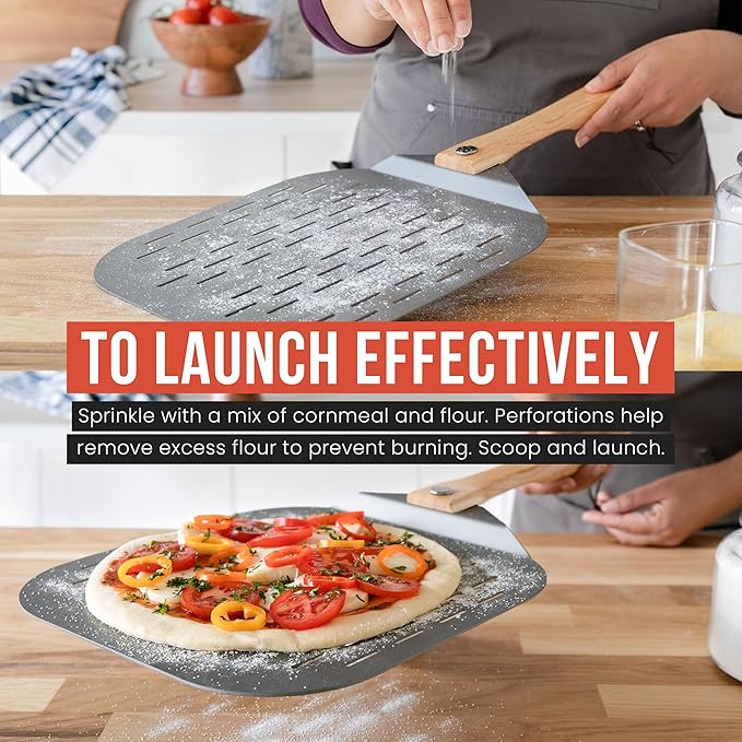 Chef Pomodoro Perforated Aluminum Metal Pizza Peel with Foldable Wood Handle for Easy Storage, Premium Pizza Paddle with Holes for Baking Homemade Pizza and Artisan Breads (12 inch)