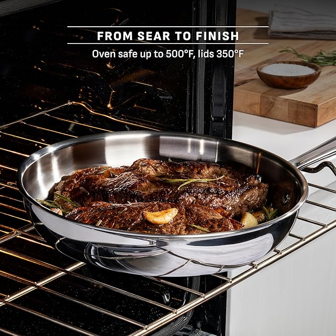 T-fal Pro Tri-Ply Stainless Steel Cookware Set, 10 Piece-Induction Compatible, Oven Safe 500F, Lids-350F, Even Heat, Professional Quality, Durable, Induction Pots and Pans Set, Silver