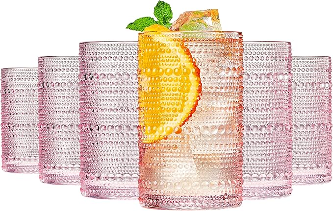 Khen Hobnail Beaded Highball Drinking Tumbler Glasses | Set of 6 | Pastel Pink, Vintage Bubble Whiskey Glassware, Embossed Cocktail, Water, Rocks Glass