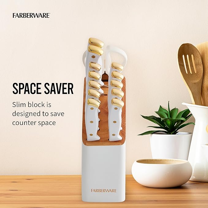 Farberware 14-Piece Knife Block Set, White and Gold – Razor-Sharp, High-Carbon Stainless Steel, Triple-Riveted, Ergonomic Handles, Stylish Wood Block