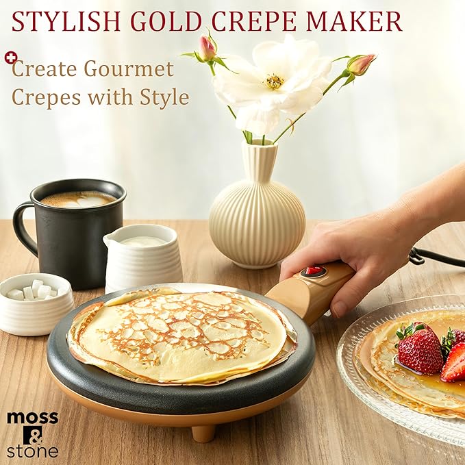 Moss & Stone Gold Electric Crepe Maker 8 Inch, Portable Crepe Maker & Hot Plate Cooktop On/Off Switch, Nonstick Coating, Automatic Temperature Control, Easy To Use For Pancakes, Blintz