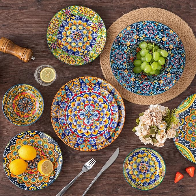 vancasso 12 Pieces Dinnerware Sets, Plates and Bowls Set, Porcelain Dishes Set for 4, Microwave and Dishwasher Safe, Scratch Resistant, Bohemian Style Dining Ware Service for 4, Series SIMI