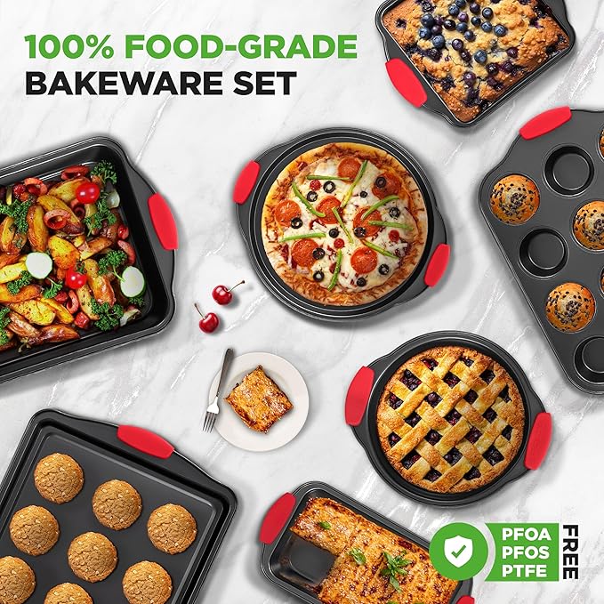 NutriChef Non-Stick Kitchen Oven Baking Pans-Deluxe & Stylish Nonstick Gray Coating Inside Outside, Commercial Grade Restaurant Quality Metal Bakeware with Red Silicone Handles NCSBS8S, 8 Piece Set