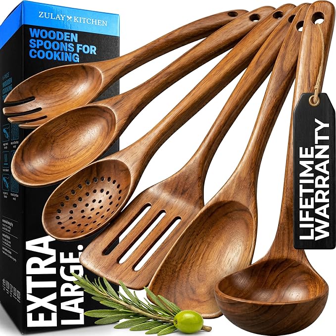 Zulay Kitchen Extra-Large 6-Piece Wooden Spoon Set - Smooth Teak Cooking Utensils - Comfort-Grip Non-Stick Turner, Spatula, Skimmer, Fork, Serving Spoon