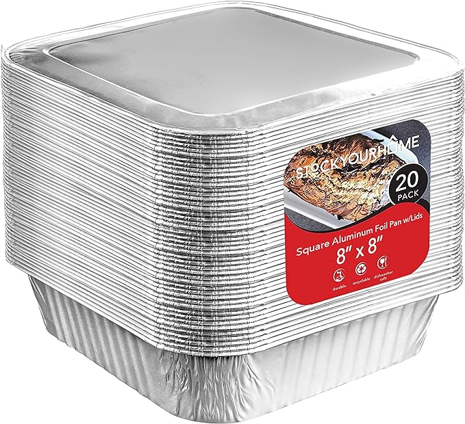 Stock Your Home 8x8 Foil Pans with Lids (20 Pack) 8 Inch Square Aluminum Pans with Covers -Disposable Food Containers Great for Baking Cake, Cooking, Heating, Storing, Prepping Food