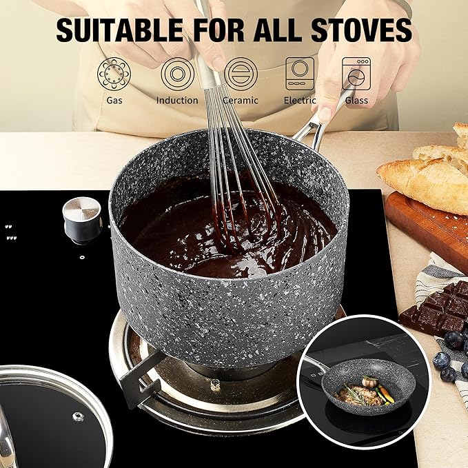 Saucepan Set, Nonstick 2Qt & 3Qt Sauce Pans with Lids, Small Pot with Lid - Natural Granite, Grey