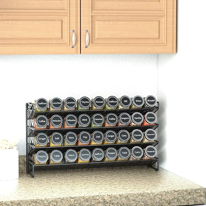 SpaceAid Spice Rack Organizer with 36 Spice Jars, 386 Spice Labels, Chalk Marker and Funnel Set for Cabinet, Countertop, Pantry, Cupboard or Door & Wall Mount - 36 Jars, 17.2" W × 10.8" H, Black
