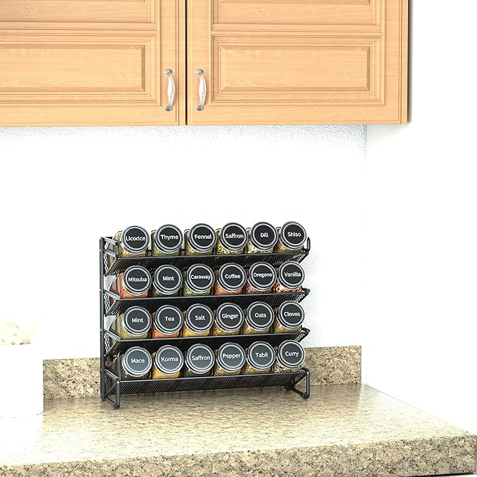 SpaceAid Spice Rack Organizer with 24 Spice Jars, 386 Spice Labels, Chalk Marker and Funnel Set for Cabinet, Countertop, Pantry, Cupboard or Door & Wall Mount -24 Jars, 11.8" W × 10.8" H, Black