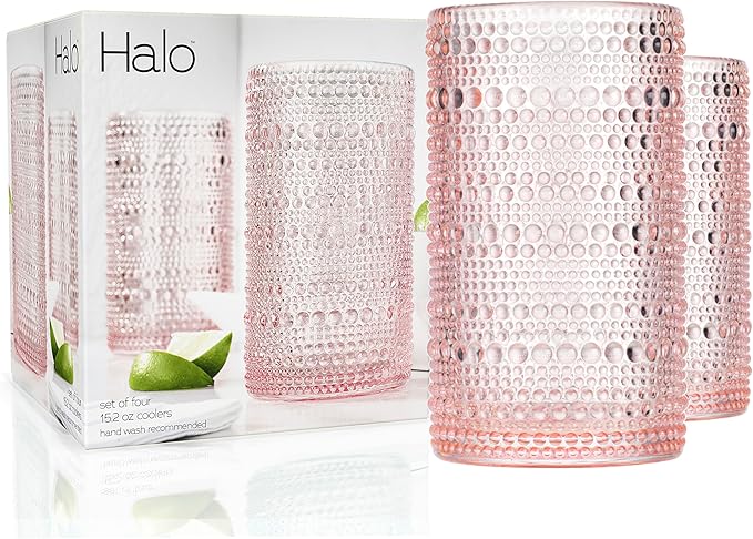 Glaver's Hobnail Drinking Glasses, Pink Vintage Glassware Set, Beaded Drinking Glasses, Set Of 4 15 oz Cocktail Glass Set, Bubble Glasses, For Everyday Usage