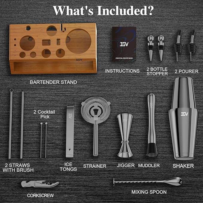 IOV Mixology Bartender Kit Bar Set with Stand | 17-Piece Cocktail Shaker Set | 28oz Boston Shaker Drink Mixer Set with All Essential Accessory Tools | Fun Housewarming Gift (Black)
