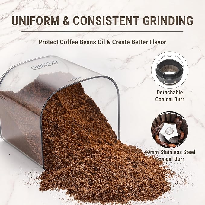 AYCHIRO Coffee Grinder, Electric Conical Burr Grinder with 30 Grind Settings for 2-12 Cups, Adjustable Burr Mill for Home Use
