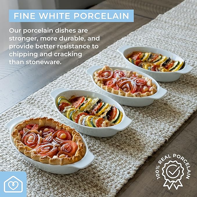 Heartland Home Porcelain Mini Casserole Dish Oval Au Gratin Dish (4pc Set). Cauliflower Baking Dish, Banana Split Bowls, Single Serving Dishes, Small Individual Gratin Dishes Set