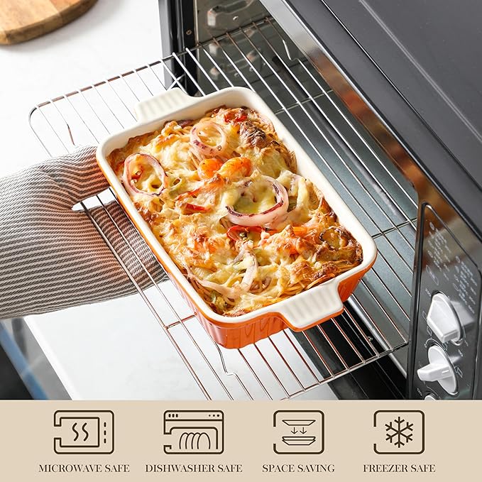 MALACASA Bakeware Set of 4, Porcelain Baking Pans Set for Oven, Casserole Dish, Ceramic Rectangular Baking Dish Lasagna Pans for Cooking Cake Kitchen, Orange(9.4"/11.1"/12.2"/14.7"), Series BAKE.BAKE