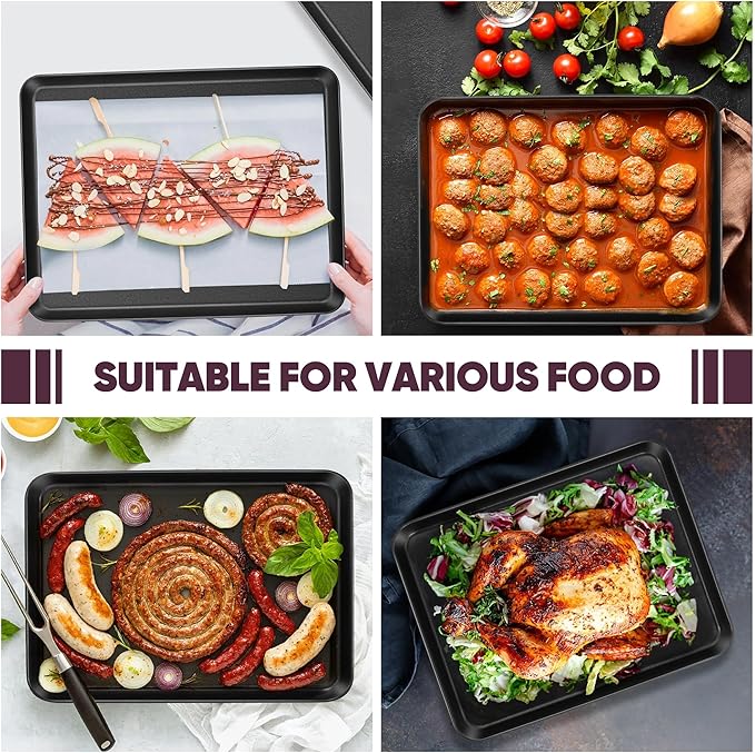 E-far Baking Sheet Set of 2, 12.5" x 9.5" x 1" Cookie Sheet Pan for Baking, Nonstick Carbon Steel Baking Trays for Oven, Heat-Resistant & Easy Clean, Black
