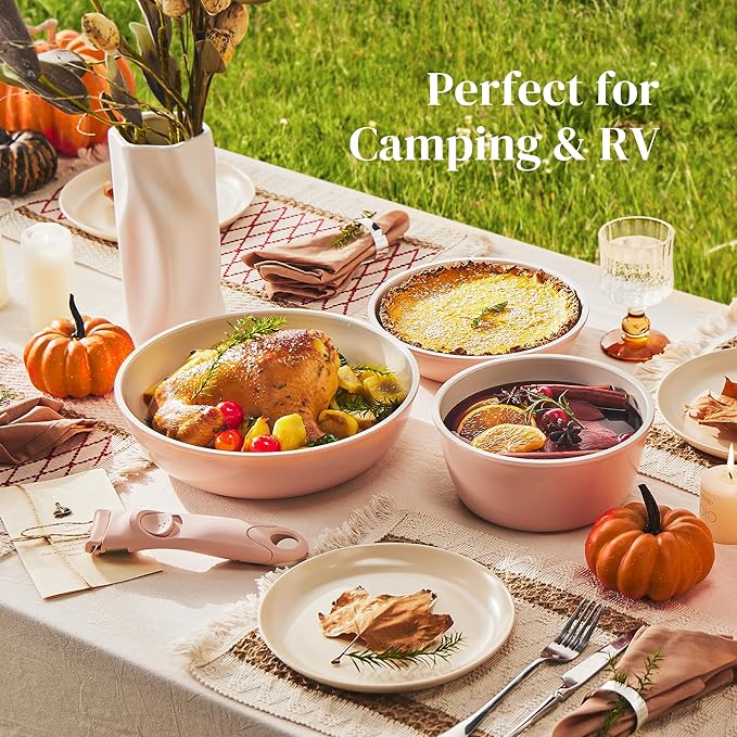 Redchef Ceramic Cookware Set, Removable Handle Pots and Pans Non-Stick, Rv Cookware Set, Non-Toxic Pots and Pans Set No PFAS, PTFE, PFOA, Detachable Pots and Pans, Dishwasher & Oven Safe (Pink)