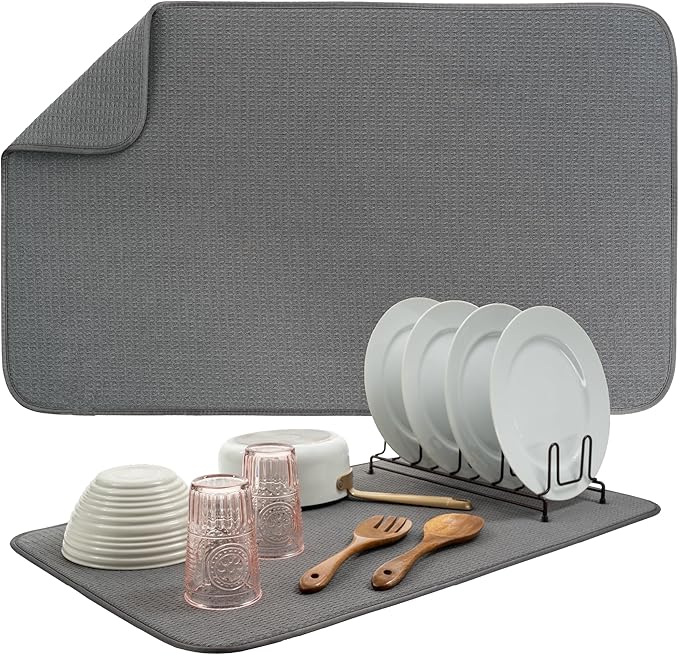 S&T INC. Dish Drying Mat Jumbo, 18” x 30”, Absorbent Microfiber Kitchen Counter Mat, Dish Drying Pad for Dishes, Utensils, Pots and Pans, Jumbo, Charcoal