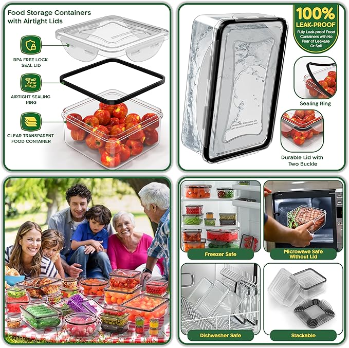 RockBerry 56 PCS Food Storage Containers with Lids Airtight- Plastic Container for Pantry Kitchen Organization-Microwave Dishwasher,Freezer Safe 100% Leak Proof (28 Stackable Boxes-28 Lids)