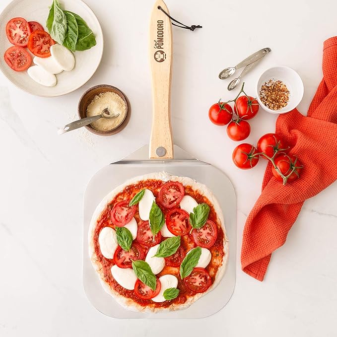Chef Pomodoro Aluminum Metal Pizza Peel with Foldable Wood Handle for Easy Storage, Pizza Spatula, Gourmet Luxury Pizza Paddle for Baking Homemade Pizza Bread (12 inch)