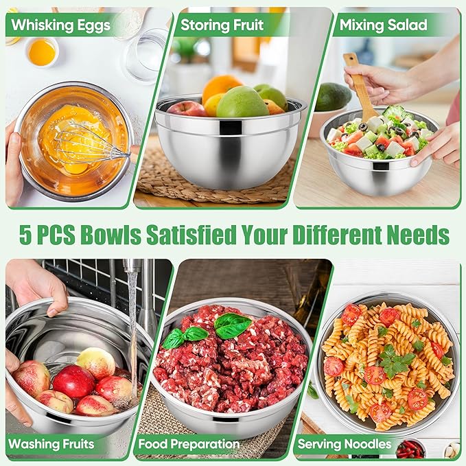 P&P CHEF Mixing Bowls with Airtight Lids Set of 5, 10-Piece Stainless Steel Mixing Nesting Bowl, Metal Bowl with Lid for Kitchen Prepping & Storing, Size 4.6, 3, 1.5, 1, 0.7 QT, Multicolor