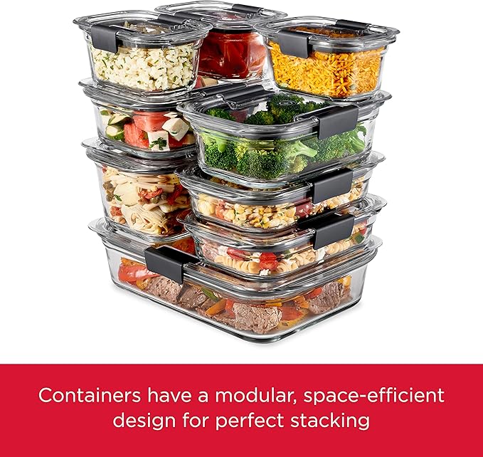 Rubbermaid Brilliance Glass Food Storage set of 4 containers 8 total pieces (4 containers + 4 lids) for Lunch Meal Prep and Leftovers Dishwasher and Oven Safe Clear/Grey