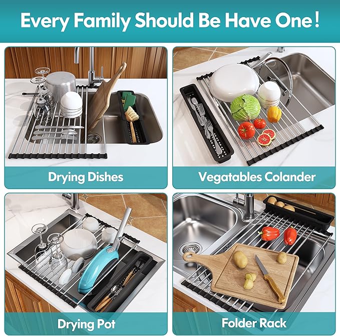 JASIWAY Roll Up Dish Drying Rack, Expandable (12.8"-23.8" D x 12.8" W) Stainless Steel Portable Over The Sink Dish Drainer for Kitchen Sink Counter, Foldable Sink Cover with Removable Utensil Holder