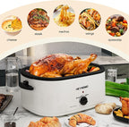 26 Quart Electric Roaster Oven with Visible & Self-Basting Lid, Large Turkey Roaster with Defrost Warm Function, Adjustable Temperature, Removable Pan Rack, Stainless Steel, White