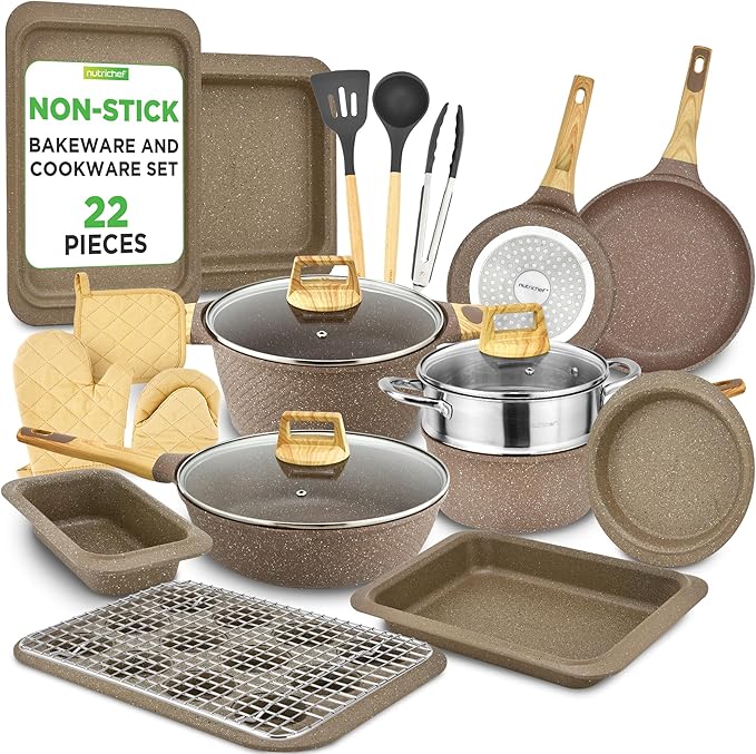 NutriChef 22‑Piece Non‑Stick Ceramic Pots and Pans Set – For All Cooktops Including Induction – PTFE & PFAS Free, Includes Bakeware & Utensils