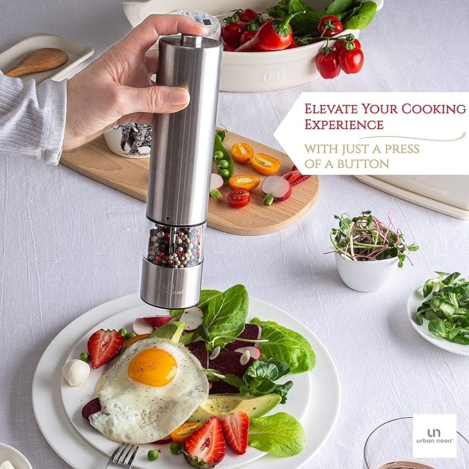 Electric Salt and Pepper Grinder - Single Battery Operated Stainless Steel Salt or Pepper Mill with Light - Automatic One Handed Operation with Adjustable Ceramic Grinder