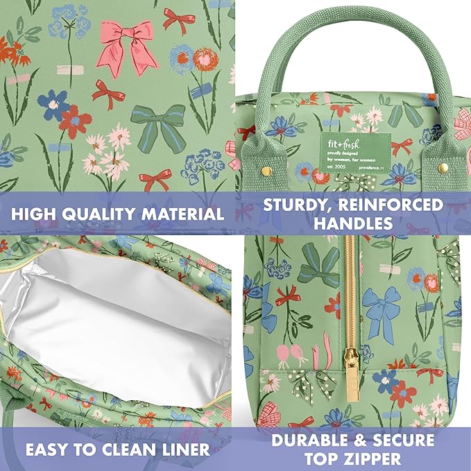 Fit & Fresh Bloomington Lunch Bag for Women - Insulated Large Lunch Box for Work with Containers, Leak-Resistant, Stain-Resistant, Zipper Closure, Sage Bows & Flowers