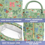 Fit & Fresh Bloomington Lunch Bag for Women - Insulated Large Lunch Box for Work with Containers, Leak-Resistant, Stain-Resistant, Zipper Closure, Sage Bows & Flowers