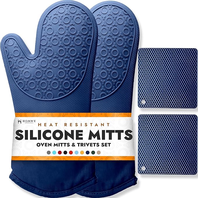 BPA-Free Soft Silicone 4 Piece Oven Mitts & Trivets Set - Ultra Heat Resistant Oven Mitts with Thick Cotton Liner - Long Slip Resistant Pot Holders, Flexible Oven Gloves - Royal Blue