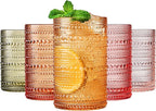 Hobnail Beaded Highball Drinking Tumbler Glasses | Set of 5 | Color, Vintage Bubble Design Whiskey Glassware, Old-Fashioned, Embossed Design, Water, Wine, Cocktail Embossed Heavy Glass, Rocks Glass